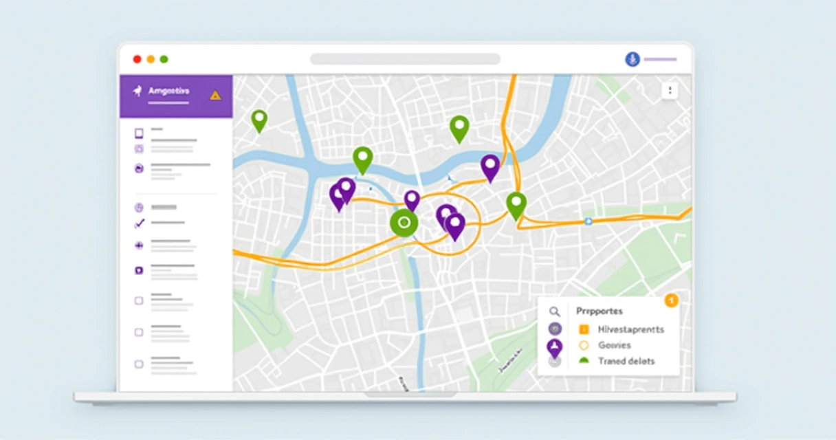 Camadas vetoriais de postes, caixas e rotas em mapa digital de telecom 