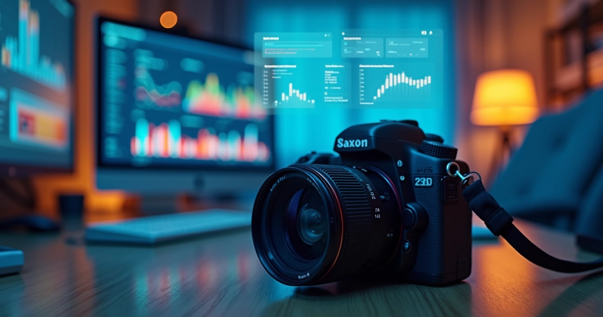 Câmera fotográfica com gráficos digitais de gestão 