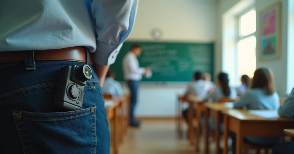 Câmera corporal em uniforme de professor em sala de aula com alunos ao fundo. 