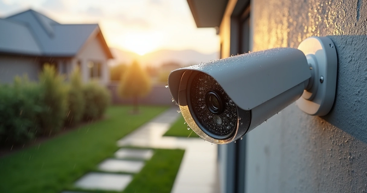 Câmera de segurança externa instalada em parede com capa protetora e suporte de aço inoxidável