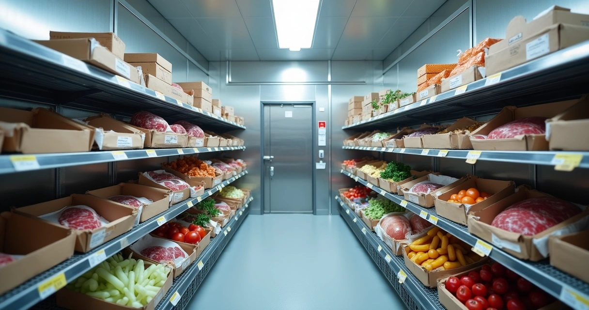 Câmara fria organizada com caixas etiquetadas 