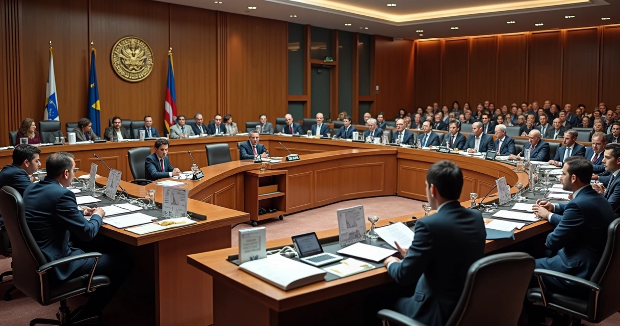 Sessão em andamento na câmara de vereadores, com bancada cheia e público ao fundo 