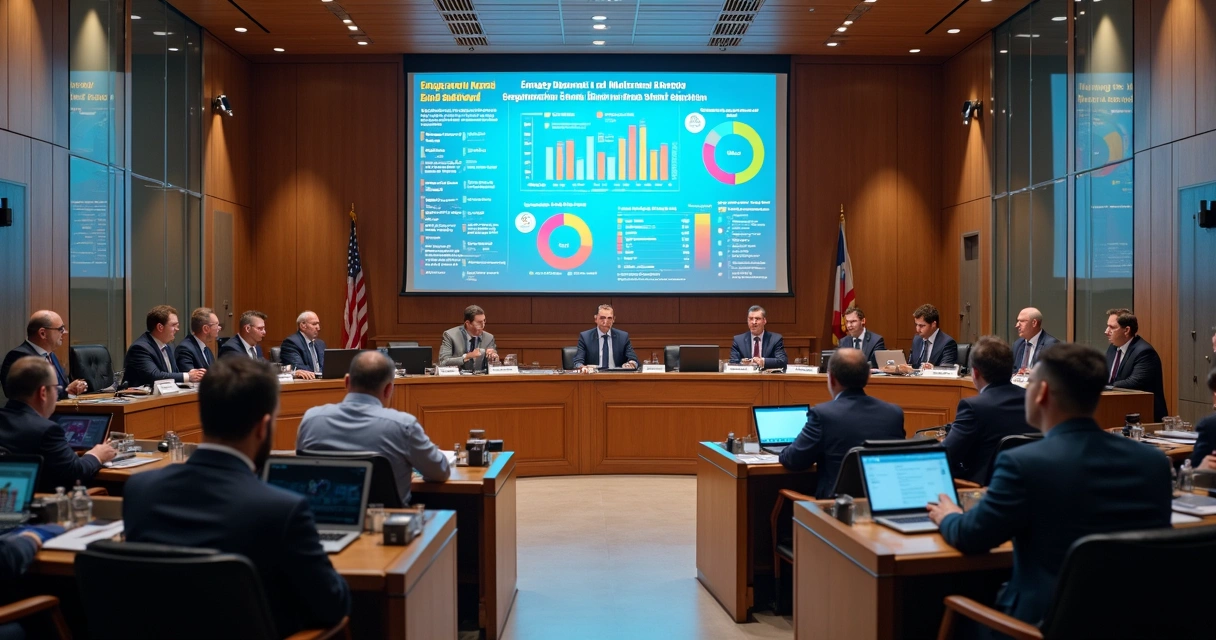 Sala de câmara municipal com vereadores em sessão, telão mostrando gráficos digitais