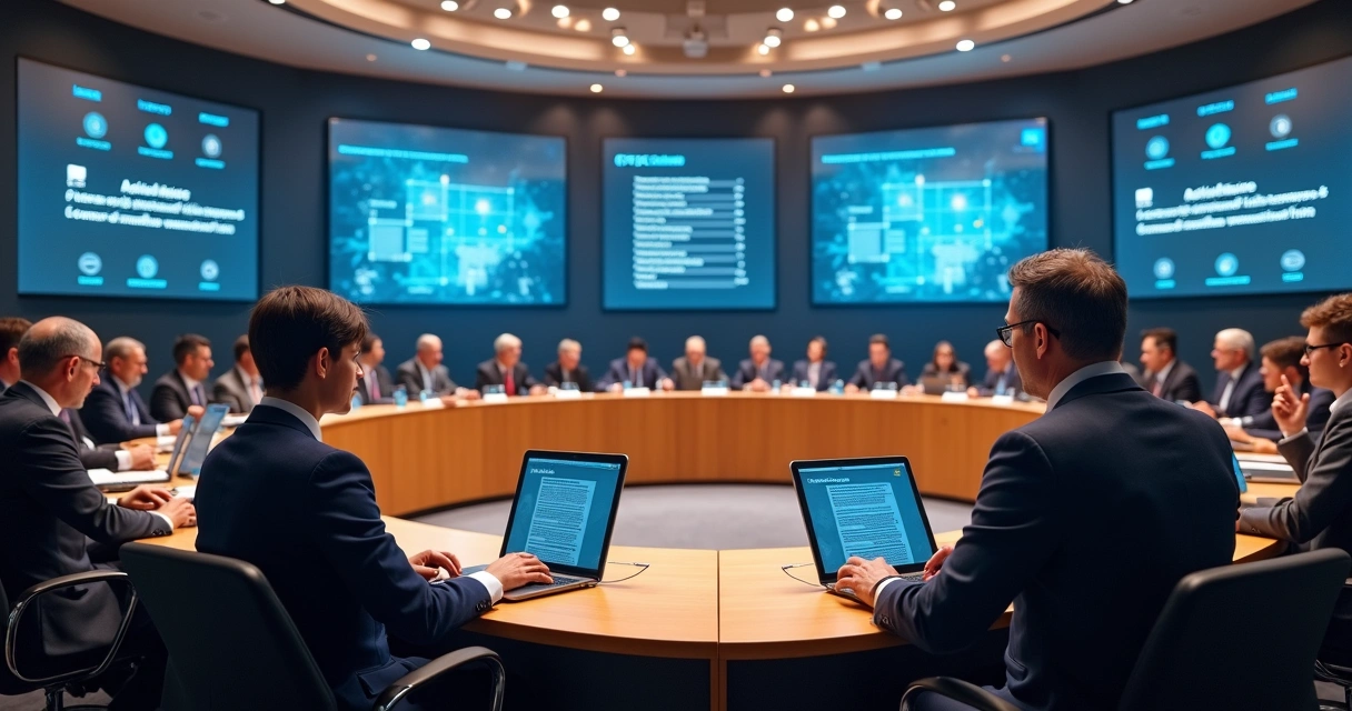 Sala de Câmara Municipal moderna com vereadores usando tablets em reunião 