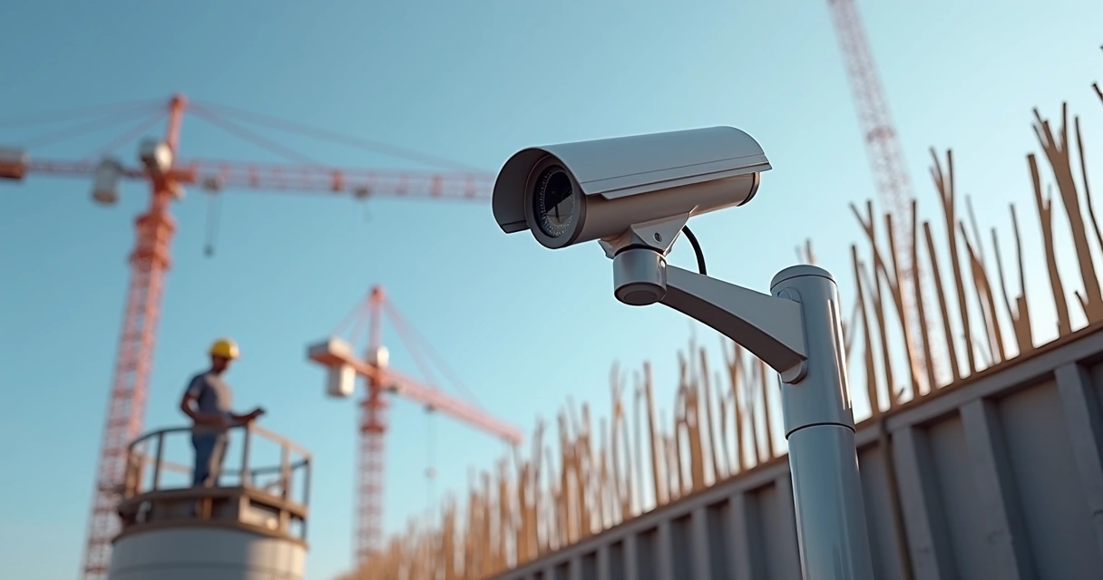 Câmera solar e painel instalados próximo a obra de grande porte 