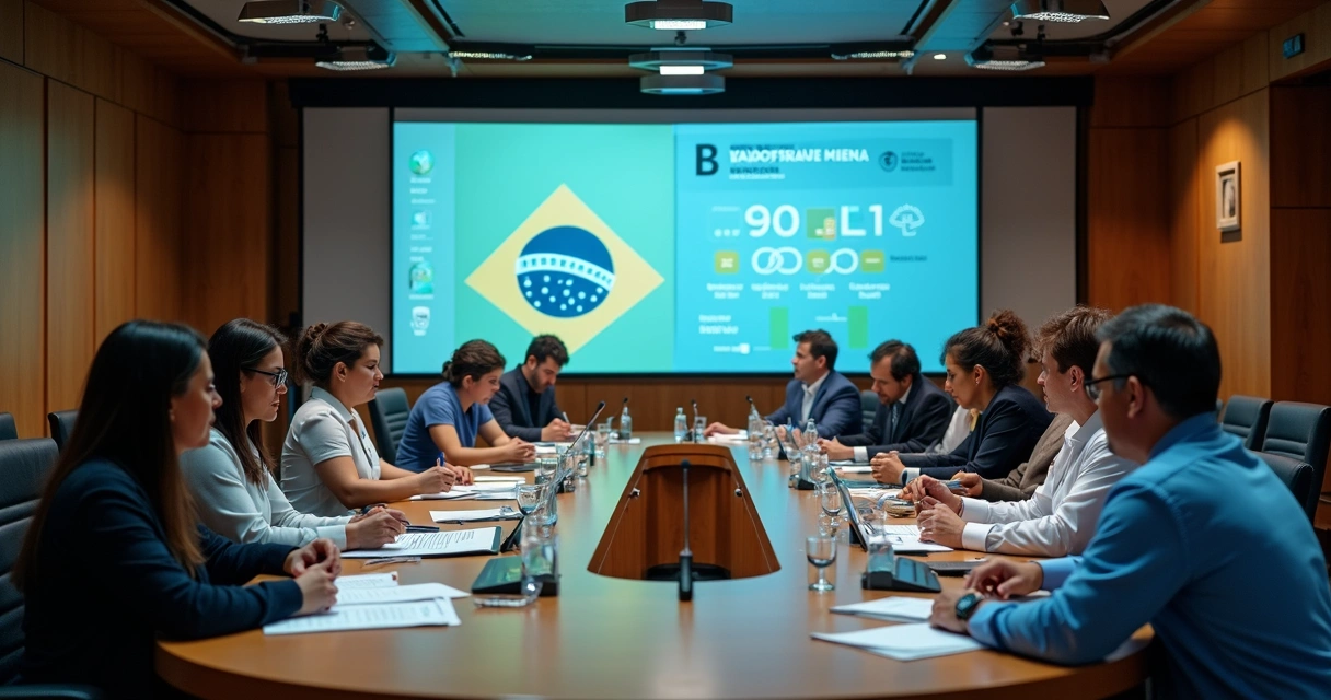 Vereadores em reunião digital com tablets e telão mostrando gráficos 