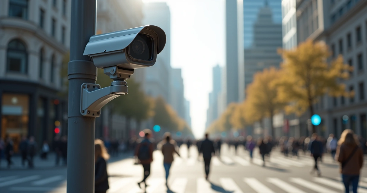 Cámara de vigilancia en una calle con peatones y semáforo 