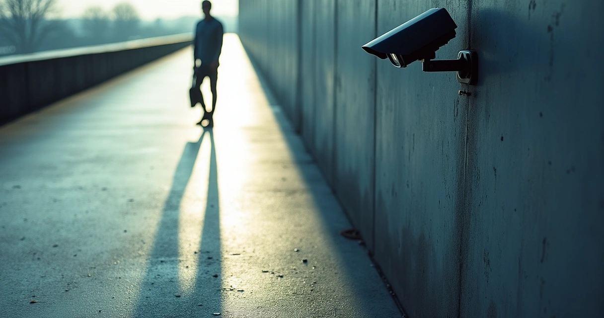 Sombra de una persona proyectada en el suelo mientras la cámara de vigilancia la observa 