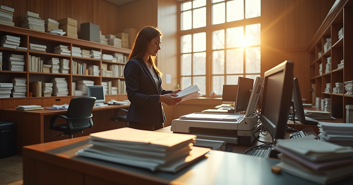Servidor digitalizando documentos em estante de arquivos antigos