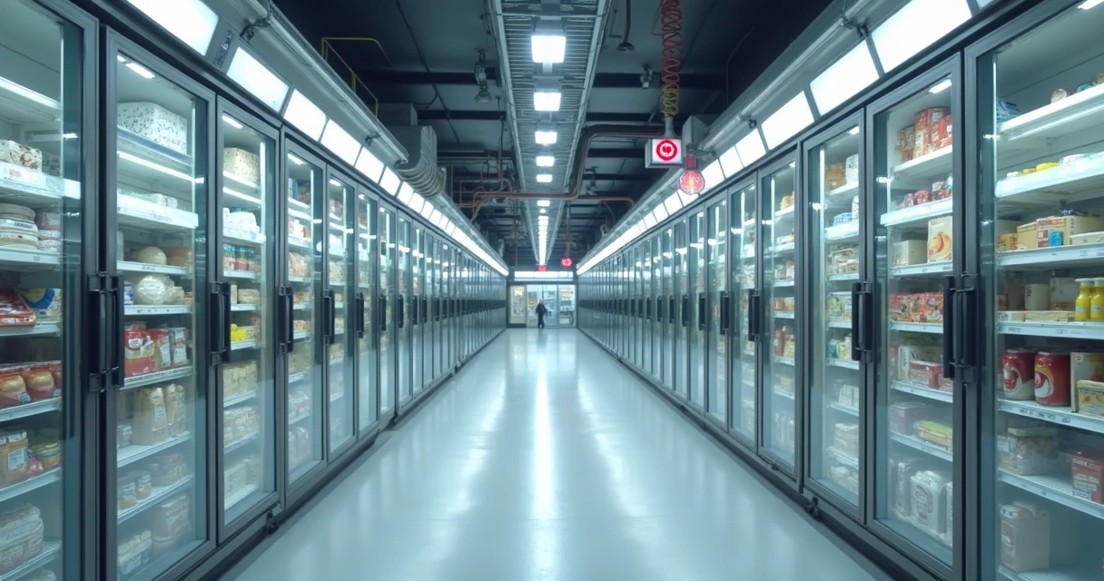 Câmaras frias industriais em supermercado iluminadas