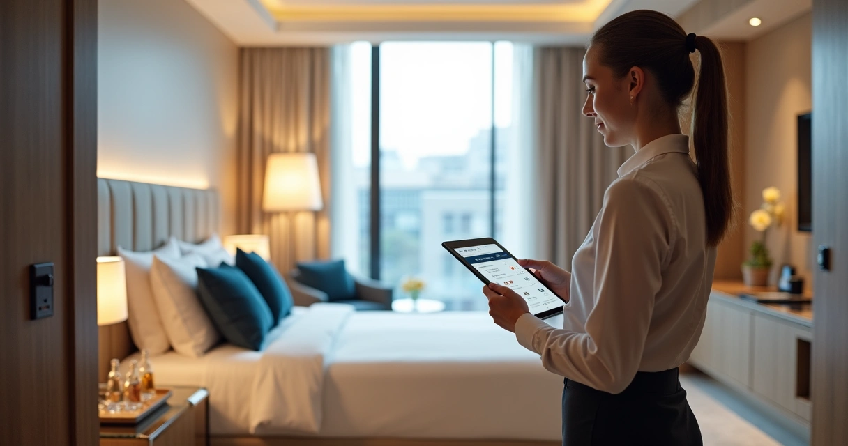 Camareira checando checklist digital em tablet dentro de quarto de hotel moderno 
