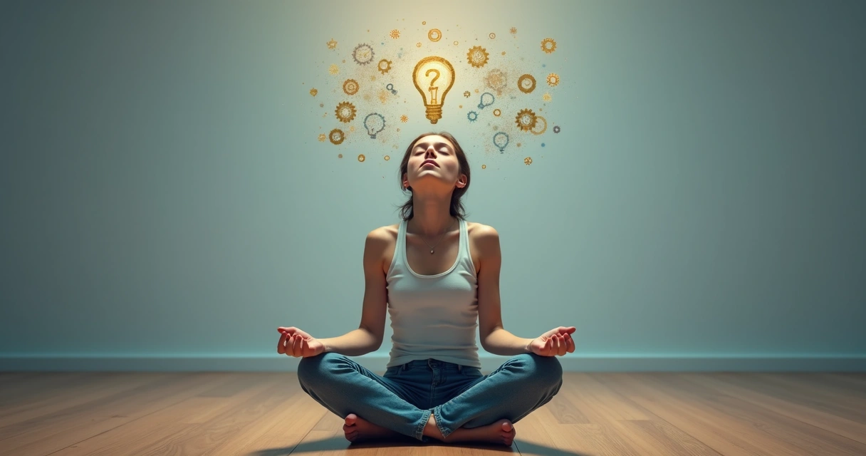 Persona sentada en reflexión con símbolos de pensamientos alrededor