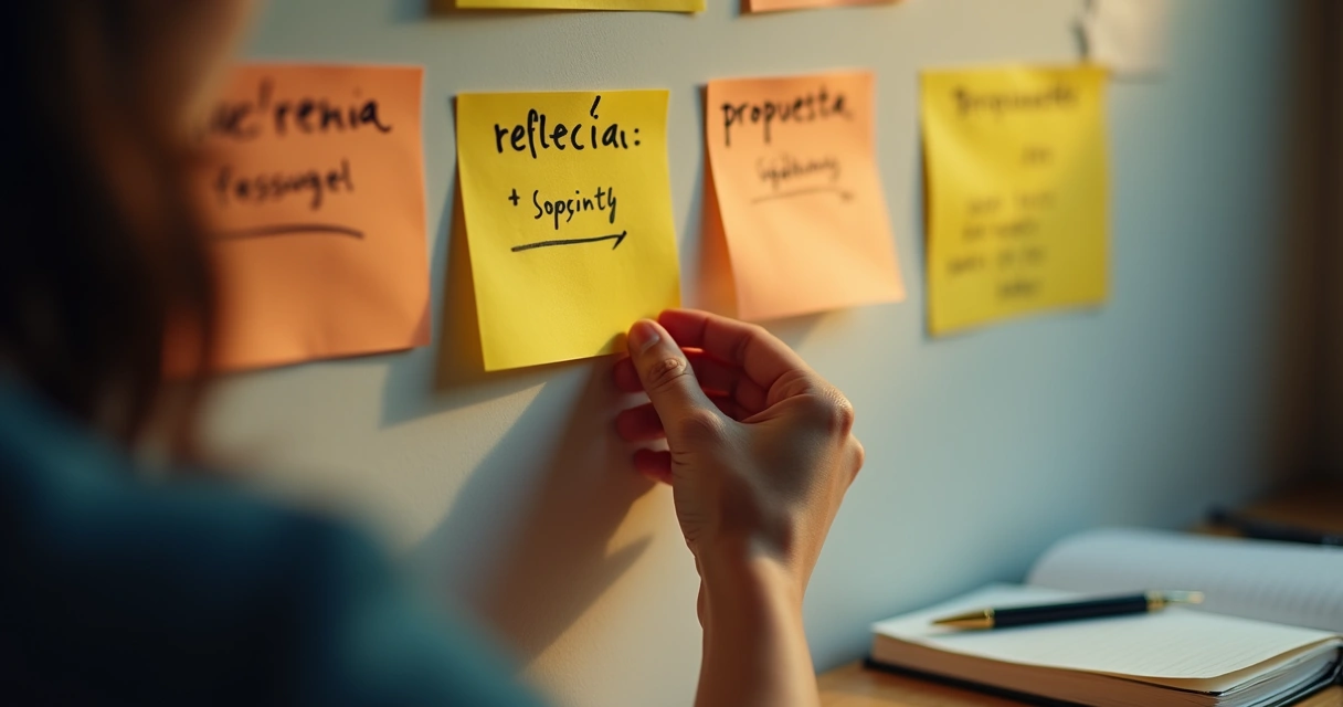 Persona ajustando notas mientras piensa en soluciones 