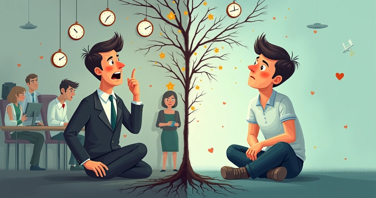 Persona en dos mitades: una lado adaptándose a un entorno de oficina, otro mostrándose en introspección