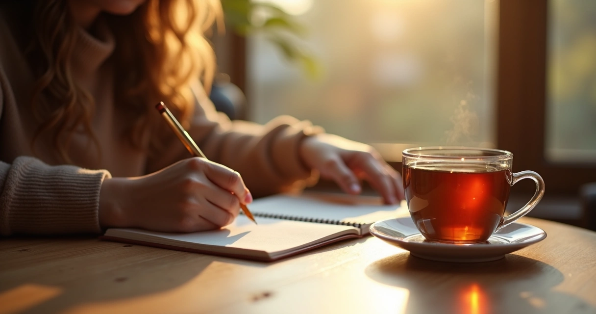 Persona escribiendo en un cuaderno junto a una taza de té, luz suave en ambiente tranquilo.