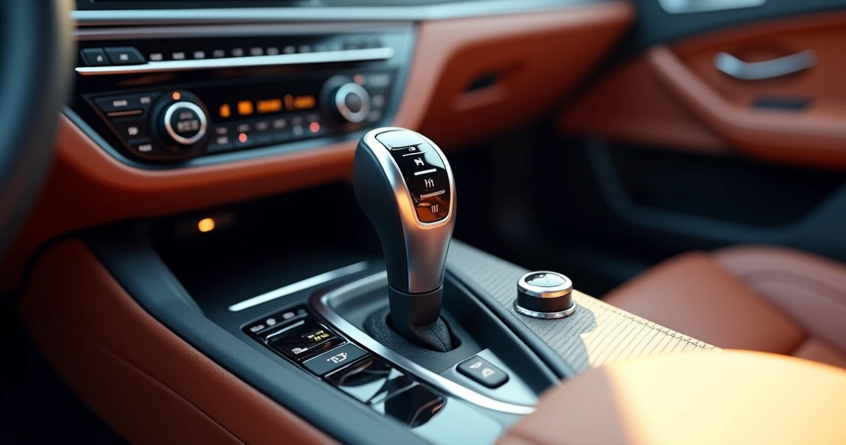 Detalhe do interior de um carro mostrando a alavanca do câmbio automático 