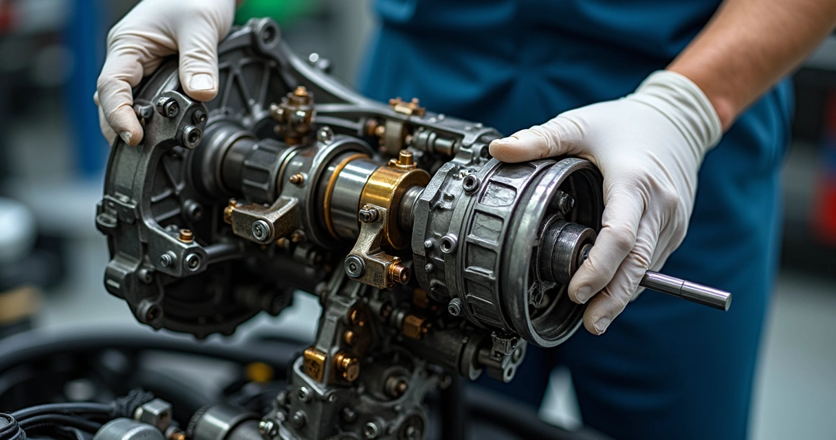 Mecânico realizando manutenção em câmbio automático, peças abertas e óleo visível. 