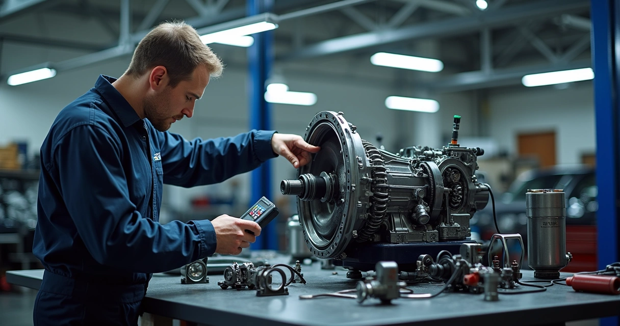 Mecânico analisando câmbio automático de um veículo em oficina