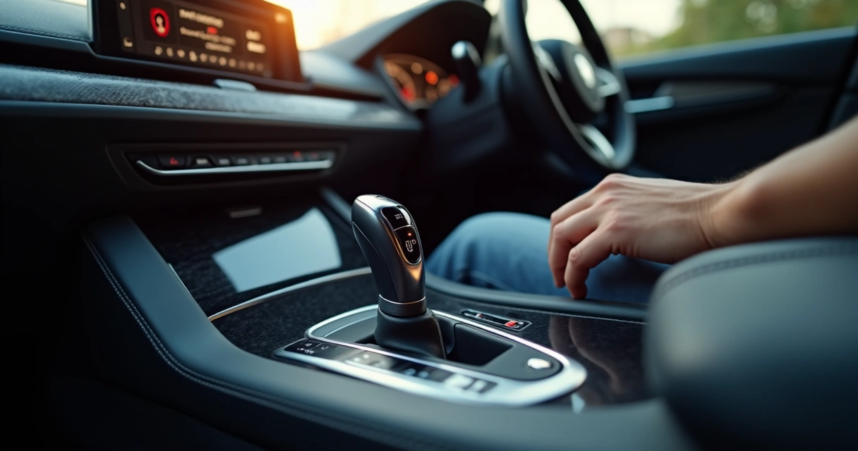 Motorista observando alavanca de câmbio automatizado com painel em alerta 