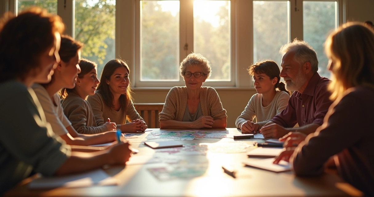 Grupo de personas participando activamente en reunión comunitaria 
