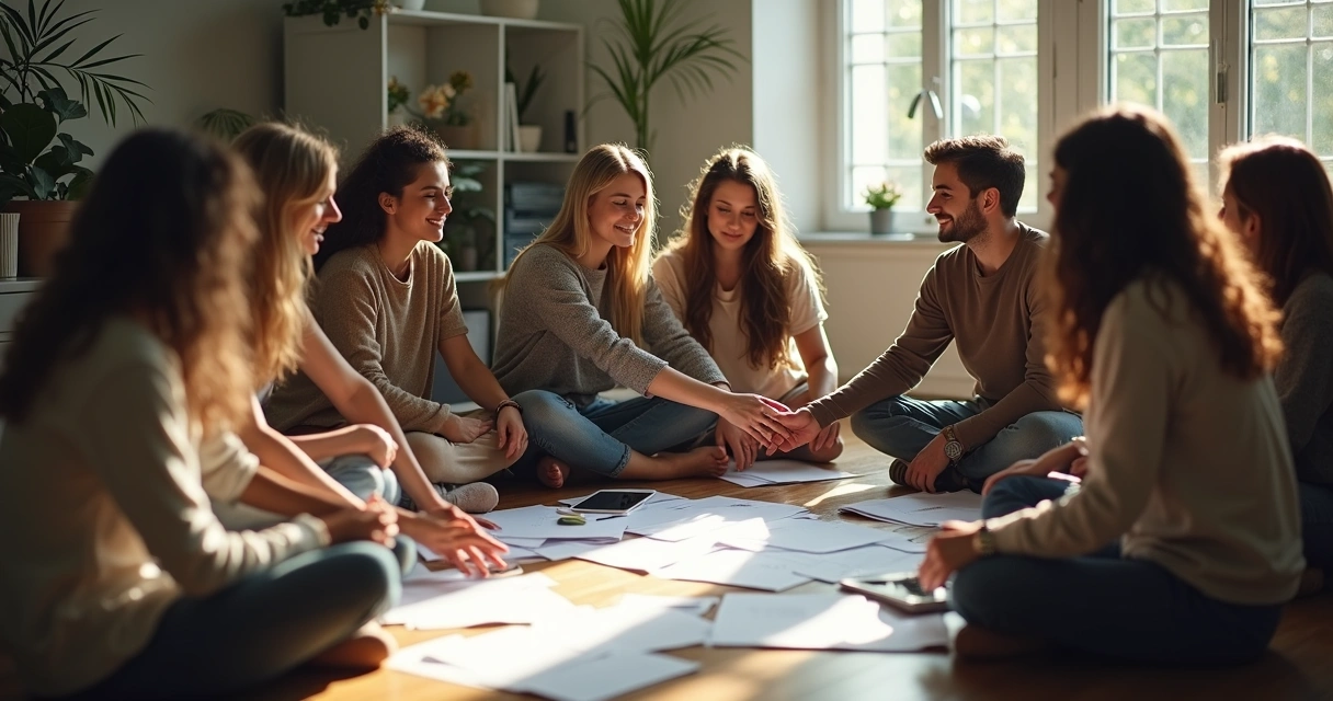 Personas colaborando en círculo de trabajo 