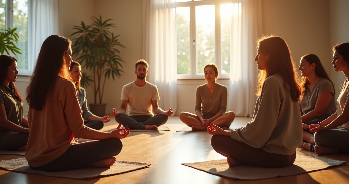 Varias personas reunidas en círculo meditando o conversando con serenidad y conexión, luz suave y natural, ambiente de transformación personal 