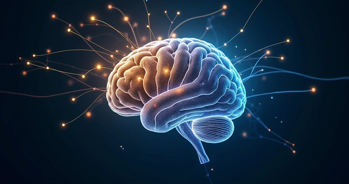 Representación de un cerebro iluminado con conexiones de luz resaltando un cambio interno 
