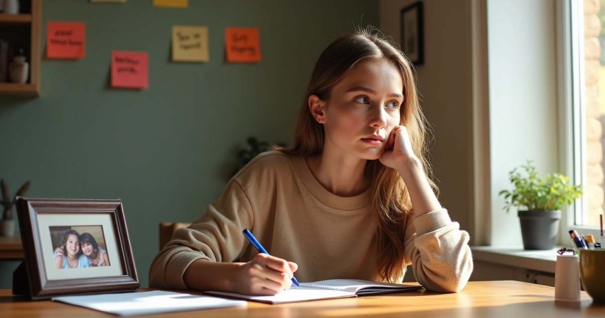 Persona escribiendo en una libreta, pensando frente a una foto familiar. 