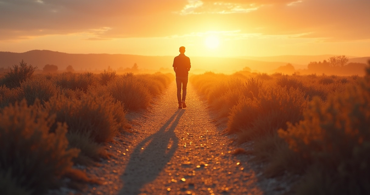 Persona caminando hacia un horizonte con luz, dejando atrás sombras 