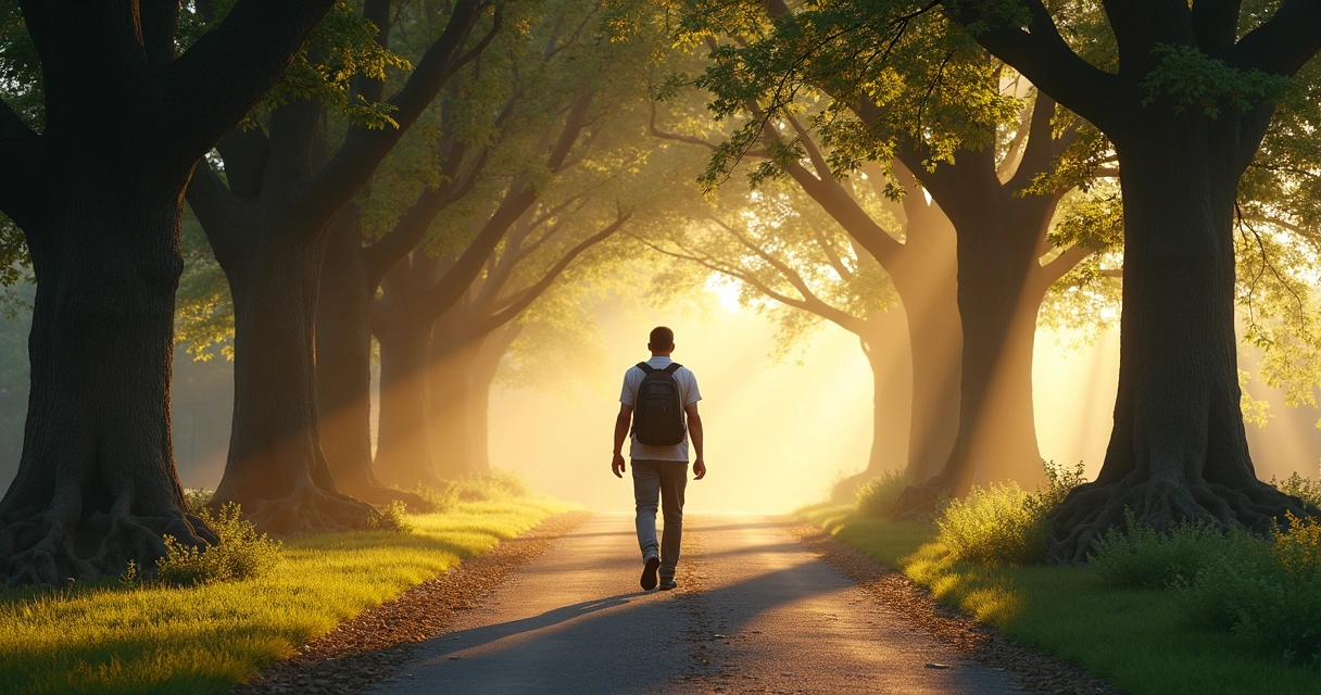 Hombre caminando solo por un camino entre árboles mostrando determinación
