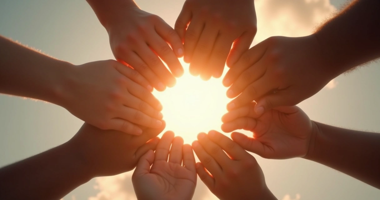 Manos de diferentes personas creando juntos una figura de luz sobre fondo neutro.