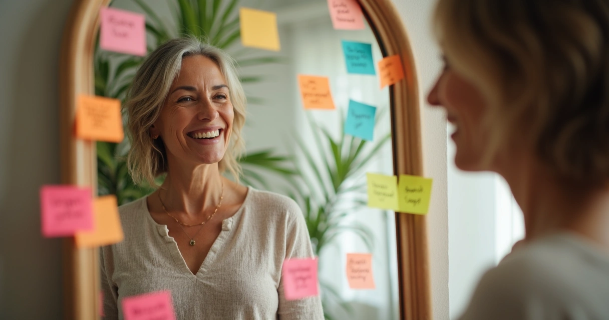 Persona mirando su reflejo en un espejo con post-its de afirmaciones positivas alrededor