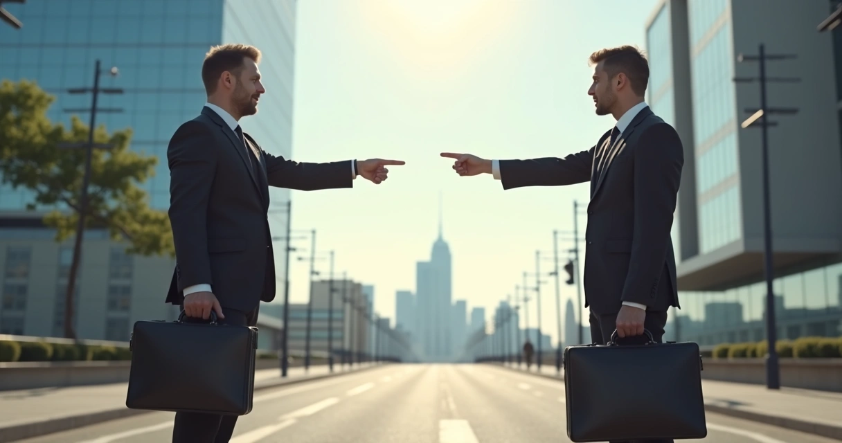 Socios empresariales de pie en una encrucijada señalando caminos diferentes. 