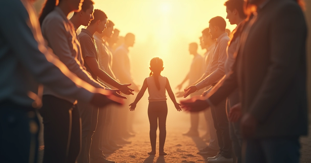 Círculo de personas apoyando a una persona que intenta salir del centro del grupo, mostrando cambio y apoyo colectivo.