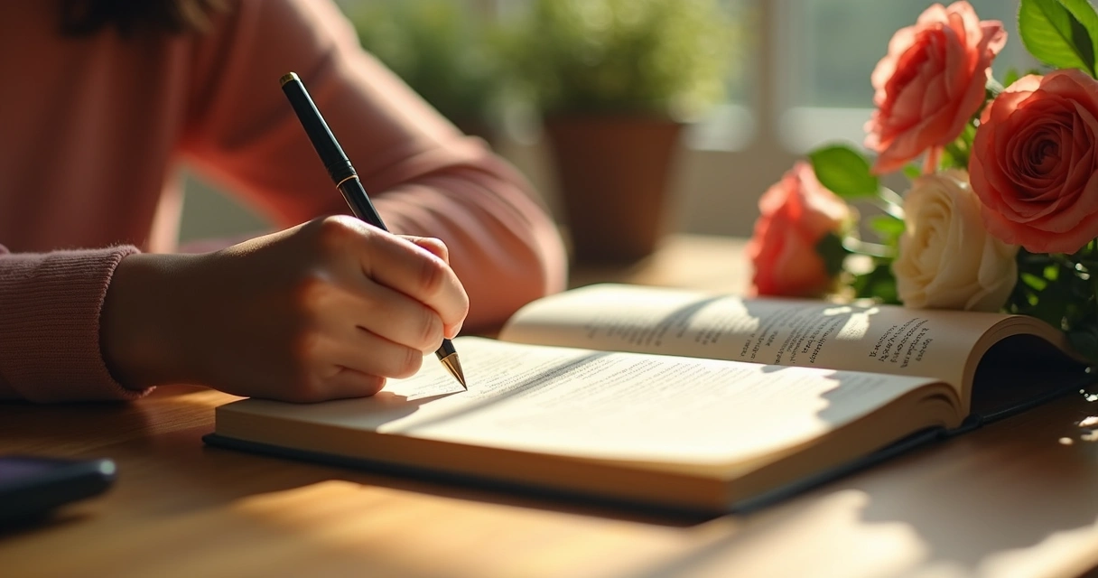 Persona escribiendo en un diario con flores al lado 