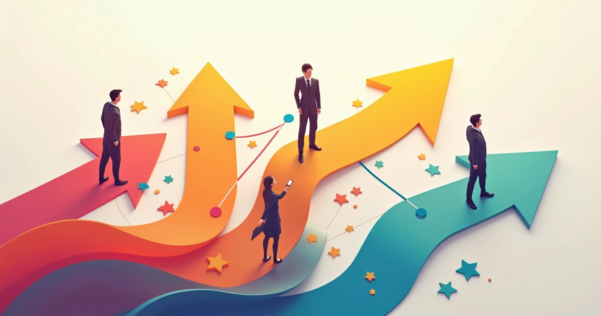 Gráfico colorido simbolizando evolución e innovación interna en una organización, con flechas y figuras de personas conectadas 