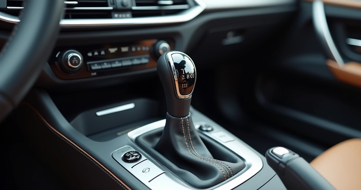 Câmbio manual de carro com alavanca em destaque dentro do veículo, painel e volante visíveis ao fundo 