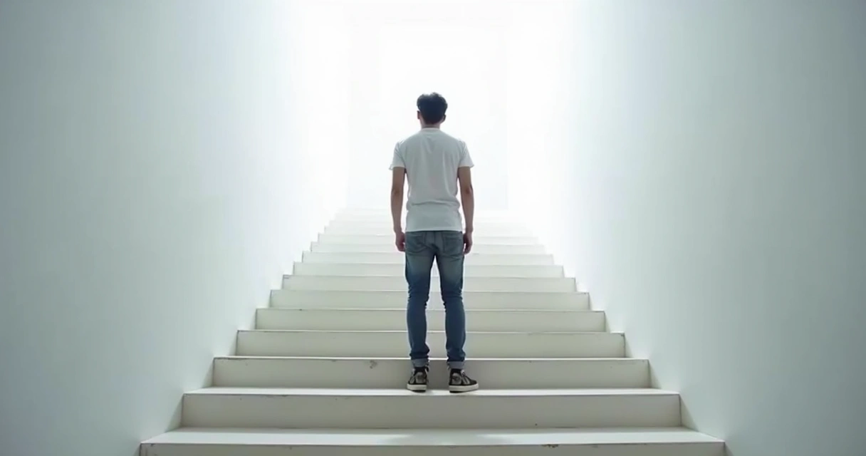 Persona subiendo escalera mirando hacia arriba 