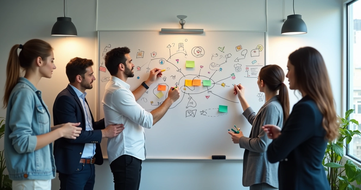 Equipo de trabajo cambiando juntos una pizarra de ideas 