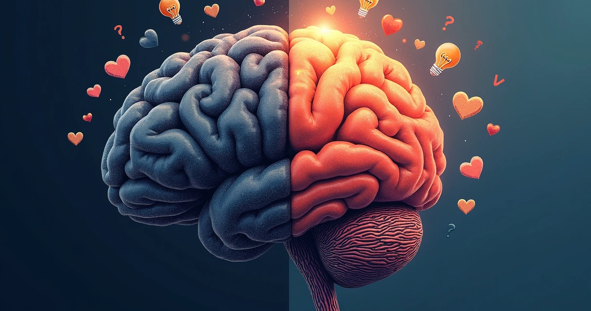 Ilustración de un cerebro dividido en dos mitades, una con colores oscuros y pensamientos negativos, la otra con colores claros y símbolos positivos 