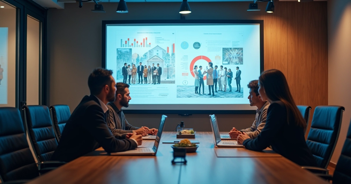 Junta directiva observando una presentación de transformación organizacional