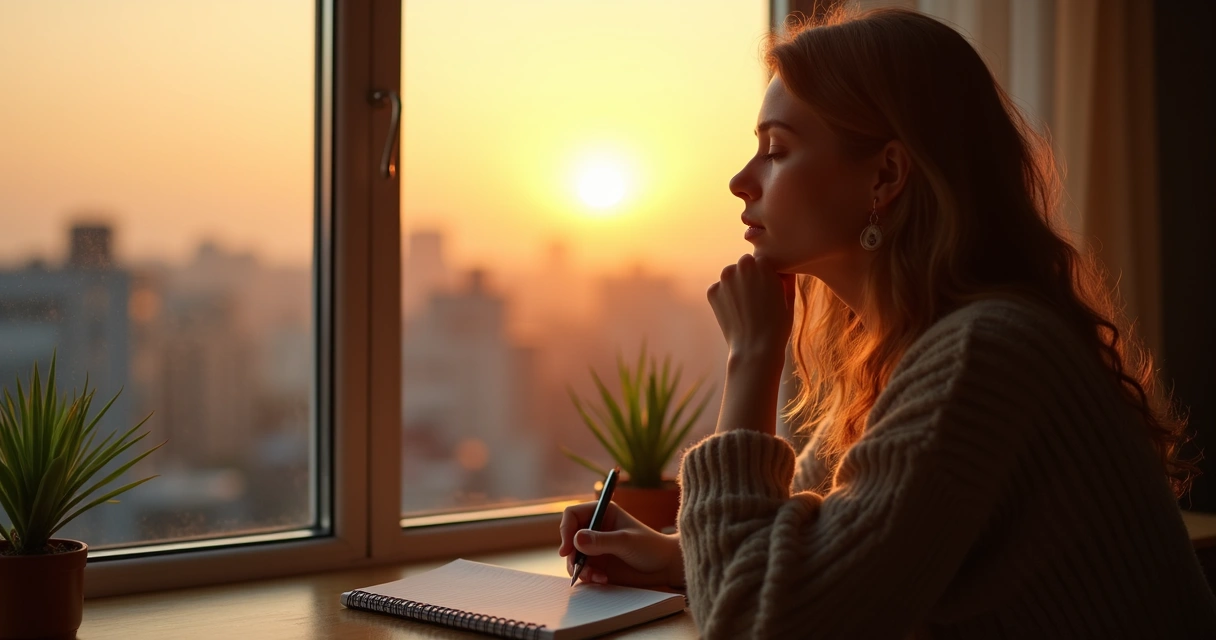 Mujer mirando por una ventana, pensativa, reflexionando sobre su vida y cambiando sus patrones 