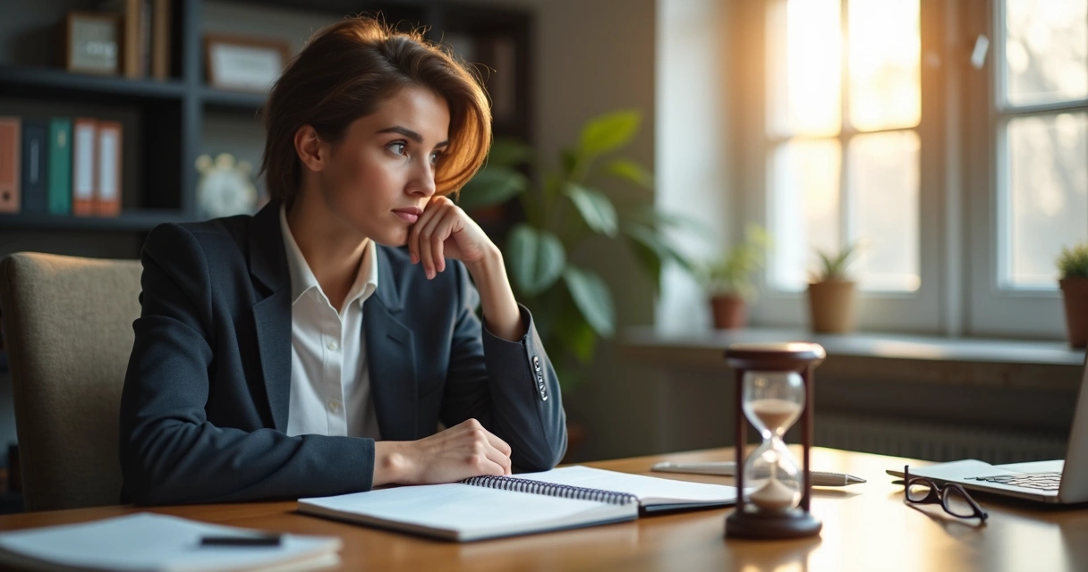 Persona reflexionando en su escritorio rodeada de elementos que simbolizan reflexión y conciencia 