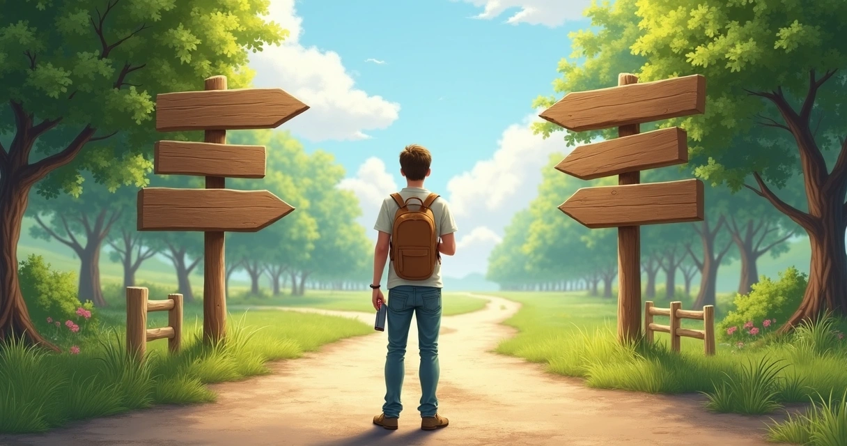 Persona de pie en un cruce de caminos, mirando señales que apuntan en diferentes direcciones 