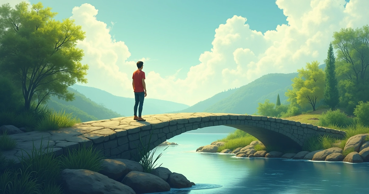 Persona cruzando un puente simbólico hacia un entorno natural, simbolizando cambio personal
