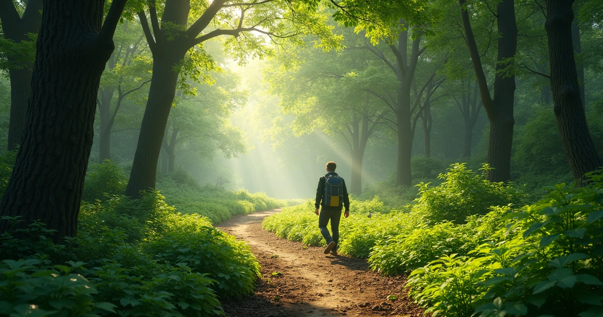 Camino en la naturaleza con persona avanzando