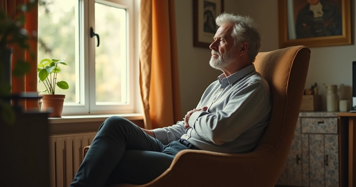 Persona sentada en una silla mirando por la ventana en actitud reflexiva, luz suave entrando, ambiente tranquilo 