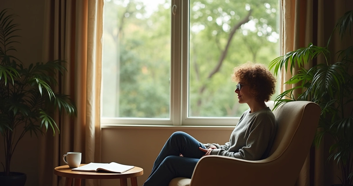 Persona reflexionando frente a una ventana luminosa 