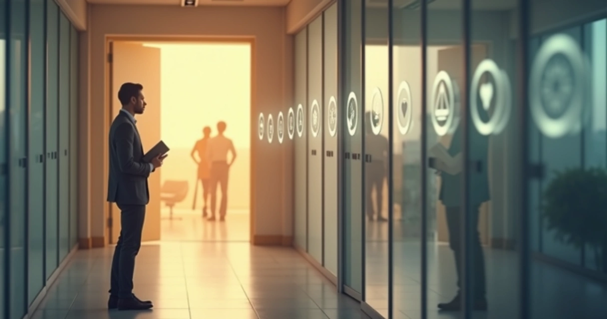 Profesional frente a puerta luminosa con iconos de acuerdos alrededor 