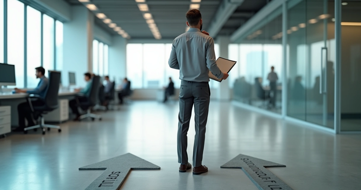 Profesional reflexionando frente a un cruce de caminos laborales en una oficina moderna 